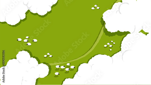Flat vector landscape with white sheep grazing on a green field. Top-down view with abstract trees and a light path. Calm rural scene, ideal for nature and farm-themed design.
