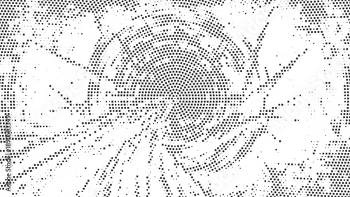 Chaotic black halftone swirl texture with distressed grunge effects and scattered square dots for messy background designs