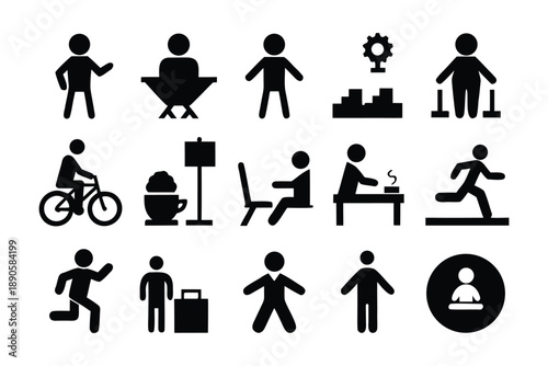 Set of minimalist black human pictograms and lifestyle activity icons for infographic design.
