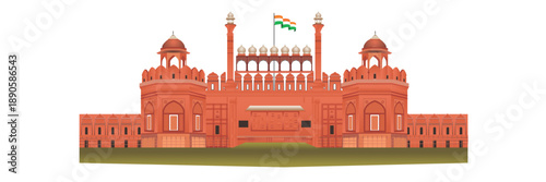 Iconic Red Fort of Delhi, a symmetrical red sandstone monument with the Indian flag flying high.