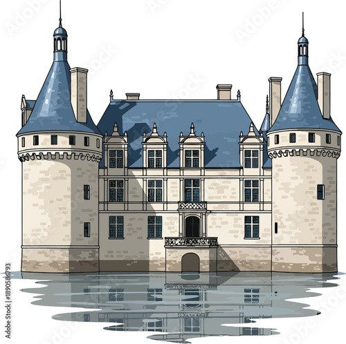 French Riverside Château Vector Illustration, Elegant Renaissance Castle Reflected on Water, Loire Valley Royal Palace Architecture, Historic European Castle Landmark, Detailed Flat Vector Design