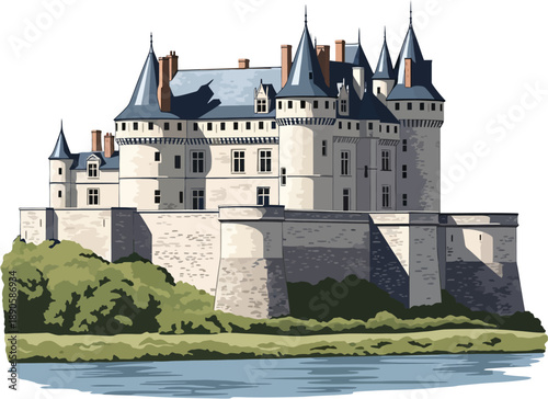 French Riverside Castle Vector Illustration, Loire Valley Château Architecture, Historic Royal Palace on Riverbank, European Medieval Landmark, Detailed Flat Vector Design