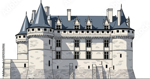 French Valencay Château Vector Illustration, Elegant Renaissance Castle Architecture, Historic Royal Palace Landmark, European Heritage Fortress, Detailed Flat Vector Design