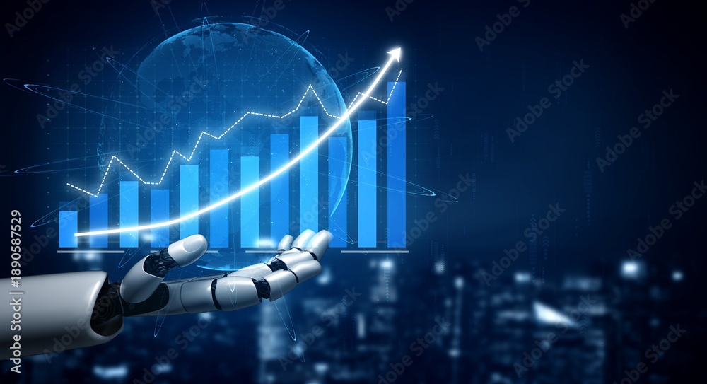 Naklejka premium A futuristic robotic hand showcases a growth chart with rising bars, symbolizing technological advancement and business analytics in a digital landscape. Impute