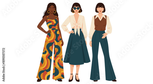 Retro fashion vector illustration of three women in 1970s style outfits, graphic design