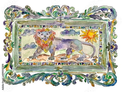 Lion in vintage frame, watercolor illustration