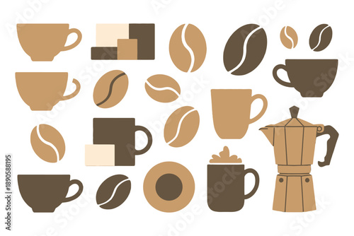 A collection of coffee cups and beans in various shades of brown on a white background