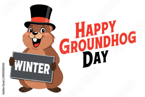 A cheerful cartoon groundhog in a top hat holding a winter sign on Groundhog Day
