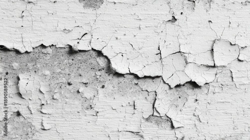 Obraz premium Surface shows extensive peeling and cracking of white paint on a wall. The damage reveals rough texture and underlying material enhancing its aged appearance.
