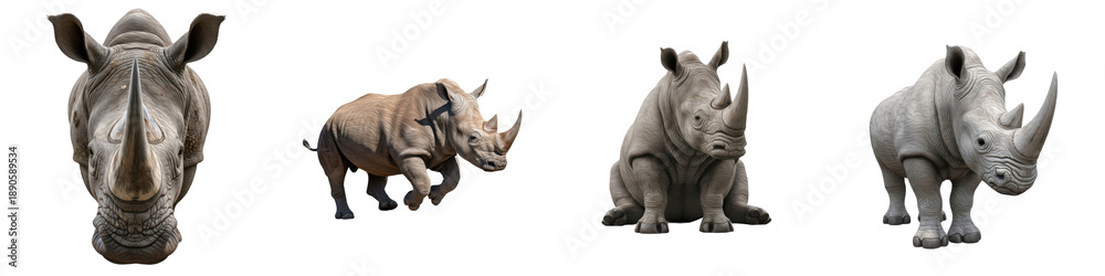 Fototapeta premium Set of Rhinoceros Head Portrait and Full Body Poses in Various Angles, African Wildlife Animal Collection Isolated on White, PNG Oil Paint