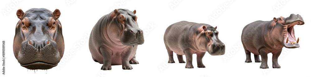 Fototapeta premium Set of Hippopotamus Head Portrait and Full Body Poses in Various Angles, African Wildlife Animal Collection Isolated on White, PNG Oil Paint