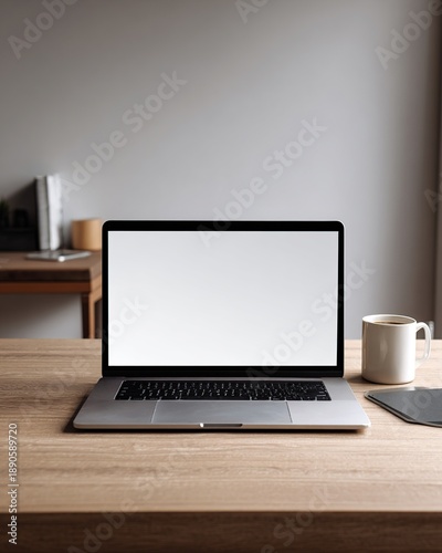 A laptop sits on a wooden desk, displaying a blank screen, with a coffee mug and notepad nearby, creating a minimalist workspace.