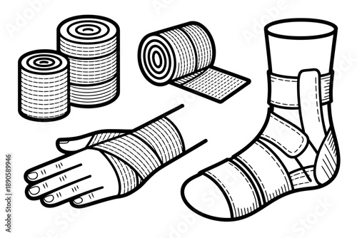 An illustration of medical bandages and rolls used for wrapping injuries on the hand and ankle