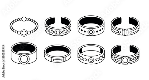 A collection of eight unique bracelets with various designs and patterns on a white background