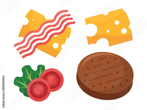 A colorful illustration of a burger with cheese, bacon, lettuce, and tomato on a white background