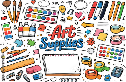 Art Tools Assortment. Classic creative art tools assortment showing paint brushes sketchbook palette pencils markers as main items