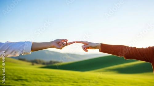 Connecting hands over green hills