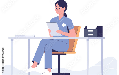 A female nurse sitting at a desk with a laptop and paperwork in a modern office setting.