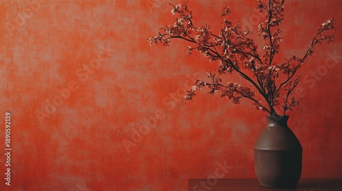 A vase of cherry blossoms sits on a wooden table against a textured, burnt orange wall, creating a serene and elegant still life.
