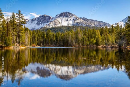 Canvastavla Snowy Lassen Peak reflected in Manzanita Lake waters