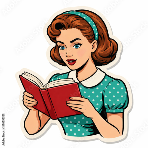 Retro sticker of woman reading book with determined expression and classic mid century style