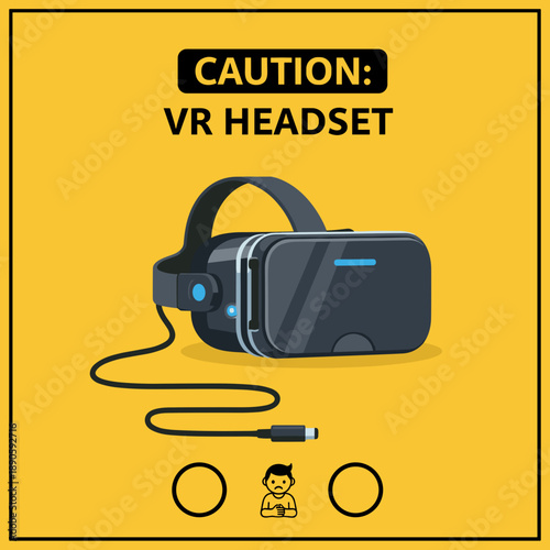 black vr headset with cable and caution text on yellow background, flat vector illustration with copy space, for technology safety guides, gaming blogs and parental control websites