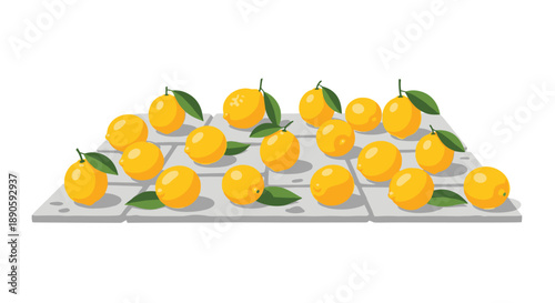 Abundance of Yellow Lemons with Green Leaves Scattered on Grey Tiled Floor Surface Food Graphic
