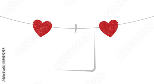 Blank Message Card Hanging on a Wire with Red Glitter Hearts for Valentine Greeting Card Design