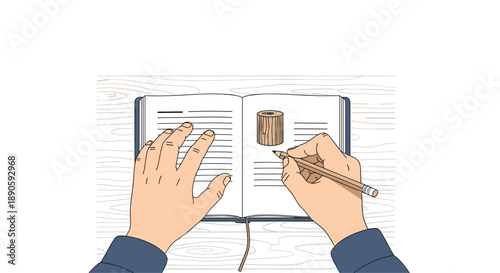 Hands Drawing a Wooden Log in a Notebook with a Pencil Creative Arts and Education Concept Graphic