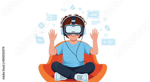 Child Wearing VR Headset Sitting in Chair with Educational Digital Icons Virtual Reality Learning Concept