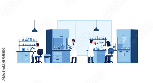 Professional Research Laboratory Scene with Scientists in White Coats Working at Equipment Benches Graphic