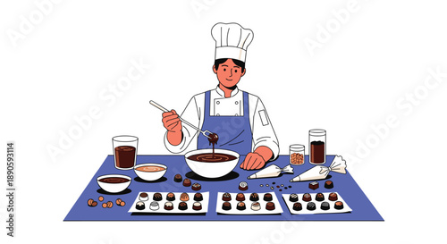 Skilled Confectioner Dipping Artisan Chocolate Candies into Ganache Bowl in Professional Commercial Bakery Setting