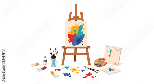 Wooden Artist Easel with Vibrant Abstract Paint Splatters and Painting Supplies on Clean White Background