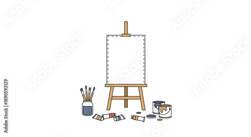 Minimalist Art Studio Setup with Blank White Canvas on Easel surrounded by Paint Tubes and Brushes