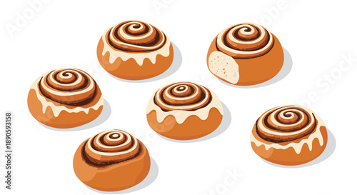 Set of Six Individual Glazed Cinnamon Swirl Buns with Brown Sugar Filling and White Icing Drizzle Decoration