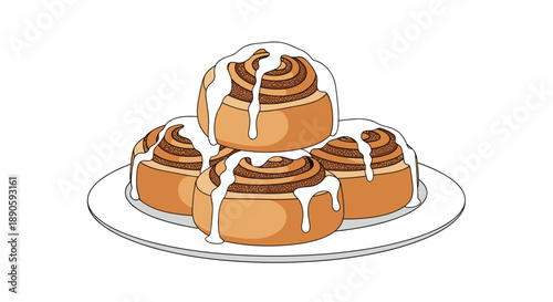 Plate of Freshly Baked Cinnamon Rolls with Thick White Sugar Glaze Icing in Minimalist Illustration Style