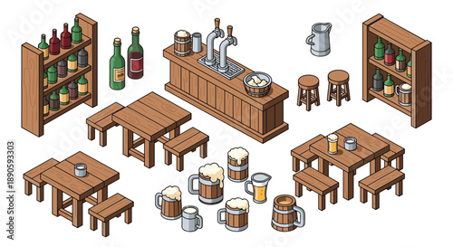 Collection of Isometric Pub Furniture including Wooden Tables Benches Beer Mugs and Liquor Bottles