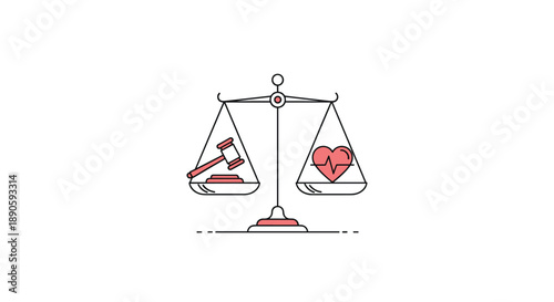 Minimalist Justice Scale Illustration Balancing a Wooden Gavel and a Red Heart with Heartbeat Line