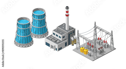 Isometric Power Generation Facility with Cooling Towers Main Building and Electrical Transformer Substation