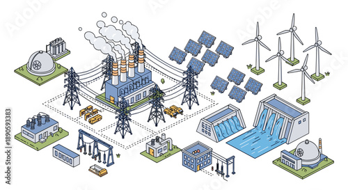 Integrated Renewable Energy Hub Isometric Scene with Wind Turbines Solar Panels and Hydroelectric Dam