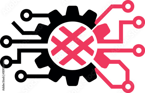 A graphic design of a gear with circuit board lines and a red X symbol in the center.