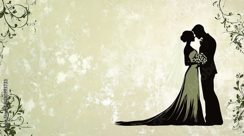 A silhouetted couple embraces against a textured, vintage-style background with floral accents, evoking a romantic wedding theme.