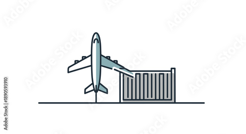 Airplane taking off near terminal building.