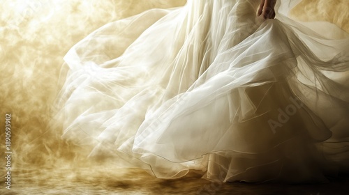 A beautiful bride stands gracefully in a flowing white wedding dress, her veil billowing in the wind, set against a warm, golden backdrop.