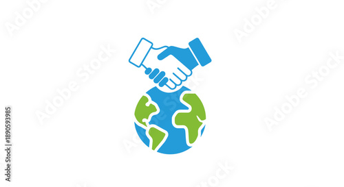 Handshake around the Earth globe symbol.