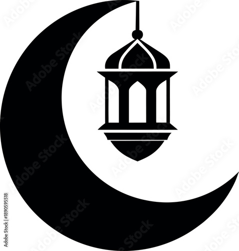 Crescent moon with suspended Ramadan lantern icon in black silhouette
