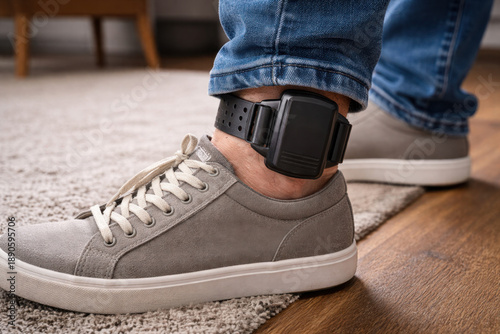 Electronic ankle monitoring bracelet on a person wearing casual shoes at home. House arrest, legal supervision, law enforcement, digital tracking, punishment and restricted freedom concept.