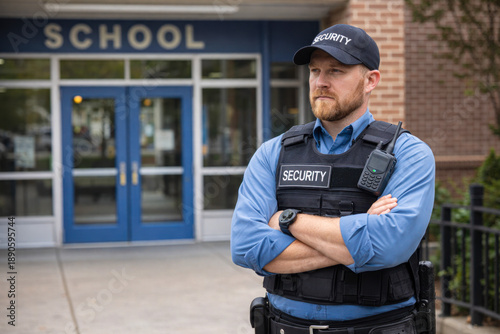 Security guard standing at a school entrance ensuring safety and order. School security, access control, child protection, public safety, responsibility and protection concept.