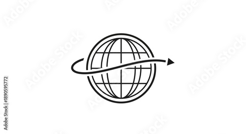 Black and white illustration of a rotating globe.