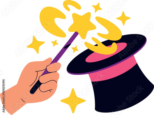 A cartoon hand holding a magic wand with stars and a crescent moon coming out of a top hat.